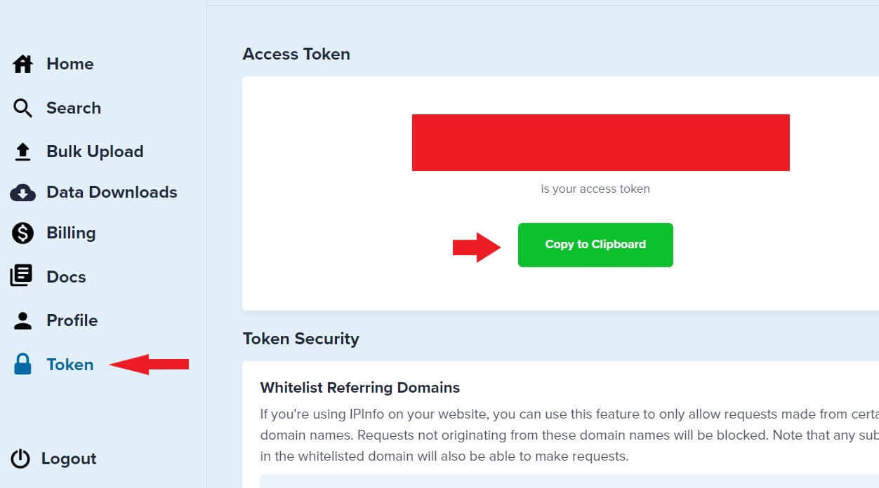 Copying the access token in the IPinfo dashboard