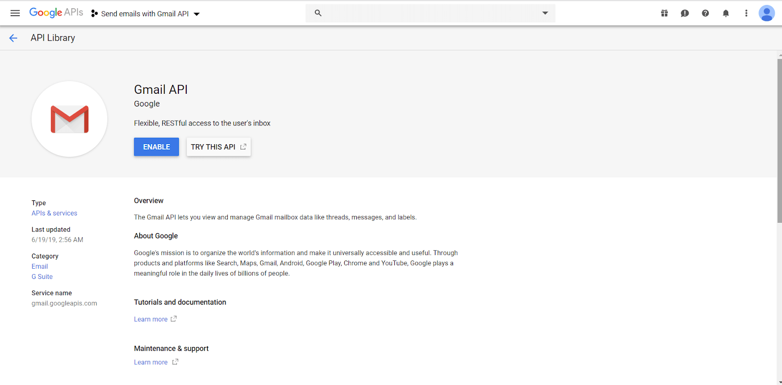 Enabling Google mail API