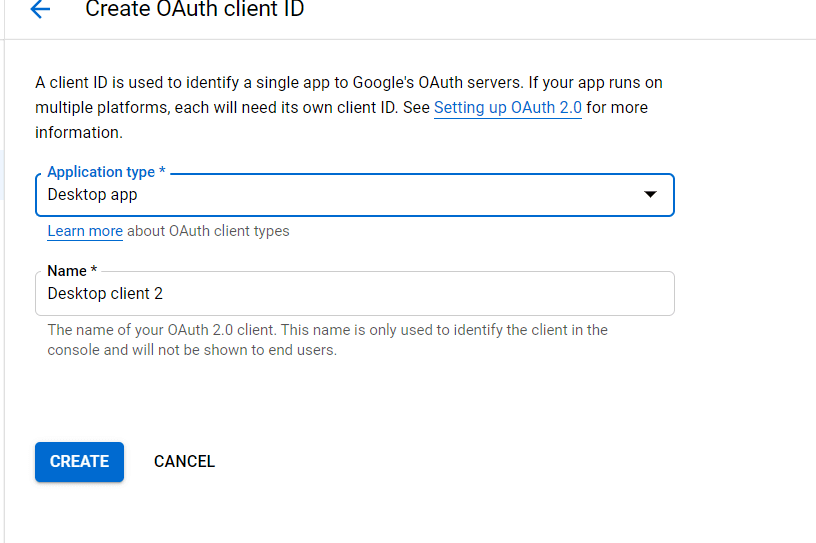 Desktop app as application type in OAuth client