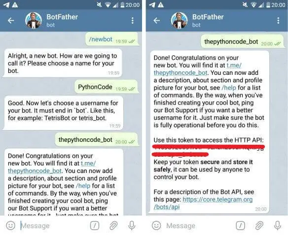 Contacting BotFather in Telegram